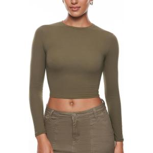 imageINLYRIC Womens Inbarely Soft Long Sleeve Tops Crew Neck Slim Fit Double Lined Basic Casual Going Out Y2K Tees ShirtsDesert Olive