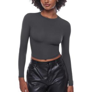 imageINLYRIC Womens Inbarely Soft Long Sleeve Tops Crew Neck Slim Fit Double Lined Basic Casual Going Out Y2K Tees ShirtsGraphite Grey