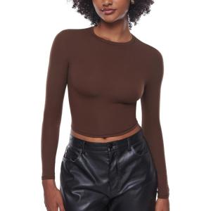 imageINLYRIC Womens Inbarely Soft Long Sleeve Tops Crew Neck Slim Fit Double Lined Basic Casual Going Out Y2K Tees ShirtsHazelnut