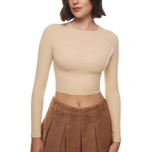 imageINLYRIC Womens Inbarely Soft Long Sleeve Tops Crew Neck Slim Fit Double Lined Basic Casual Going Out Y2K Tees ShirtsLight Oatmeal