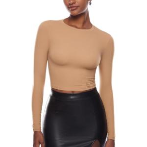 imageINLYRIC Womens Inbarely Soft Long Sleeve Tops Crew Neck Slim Fit Double Lined Basic Casual Going Out Y2K Tees ShirtsPeach Taupe