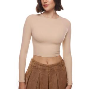 imageINLYRIC Womens Inbarely Soft Long Sleeve Tops Crew Neck Slim Fit Double Lined Basic Casual Going Out Y2K Tees ShirtsWheat Beige