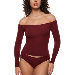 imageINLYRIC Womens Inbarely Soft Off The Shoulder Double Lined Long Sleeve Tops Going Out Slim Fitted Sexy Trendy TShirtsAncora Red