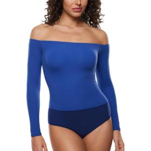 imageINLYRIC Womens Inbarely Soft Off The Shoulder Double Lined Long Sleeve Tops Going Out Slim Fitted Sexy Trendy TShirtsAzure Blue