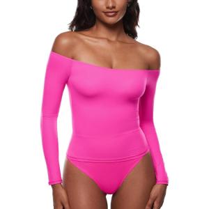 imageINLYRIC Womens Inbarely Soft Off The Shoulder Double Lined Long Sleeve Tops Going Out Slim Fitted Sexy Trendy TShirtsGlitter Rose