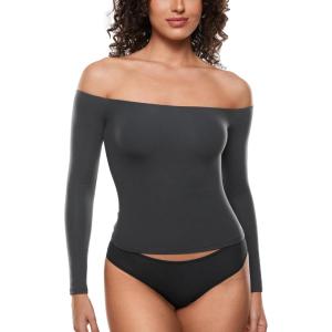 imageINLYRIC Womens Inbarely Soft Off The Shoulder Double Lined Long Sleeve Tops Going Out Slim Fitted Sexy Trendy TShirtsGraphite Grey