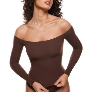 imageINLYRIC Womens Inbarely Soft Off The Shoulder Double Lined Long Sleeve Tops Going Out Slim Fitted Sexy Trendy TShirtsHazelnut