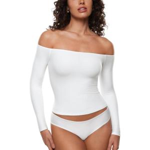 imageINLYRIC Womens Inbarely Soft Off The Shoulder Double Lined Long Sleeve Tops Going Out Slim Fitted Sexy Trendy TShirtsSnow White  See Through