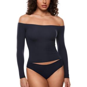 imageINLYRIC Womens Inbarely Soft Off The Shoulder Double Lined Long Sleeve Tops Going Out Slim Fitted Sexy Trendy TShirtsTrue Navy