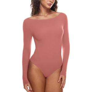 imageINLYRIC Womens Natrelax Long Sleeve Bodysuit Boat Neck Stretchy Basic TopsBriar Rose