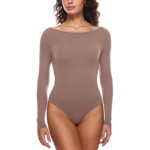 imageINLYRIC Womens Natrelax Long Sleeve Bodysuit Boat Neck Stretchy Basic TopsBrown Purple