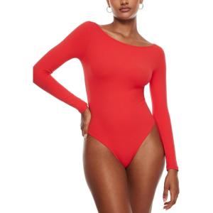 imageINLYRIC Womens Natrelax Long Sleeve Bodysuit Boat Neck Stretchy Basic TopsDark Red