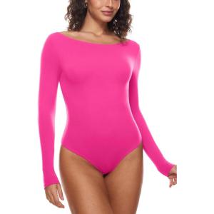imageINLYRIC Womens Natrelax Long Sleeve Bodysuit Boat Neck Stretchy Basic TopsHot Pink