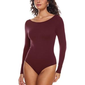 imageINLYRIC Womens Natrelax Long Sleeve Bodysuit Boat Neck Stretchy Basic TopsNoctilucence Red
