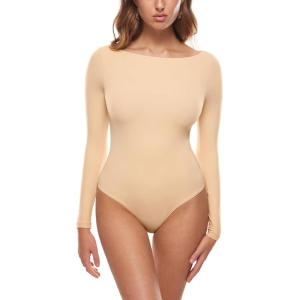 imageINLYRIC Womens Natrelax Long Sleeve Bodysuit Boat Neck Stretchy Basic TopsTan Milkshake