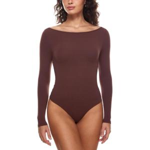 imageINLYRIC Womens Natrelax Long Sleeve Bodysuit Boat Neck Stretchy Basic TopsTaupe