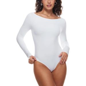 imageINLYRIC Womens Natrelax Long Sleeve Bodysuit Boat Neck Stretchy Basic TopsWhite