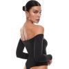 imageINLYRIC Womens Natrelax Off The Shoulder Bodysuit Long Sleeve Thong Sexy Bodycon Slim Fit Tops LeotardBlack
