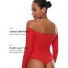 imageINLYRIC Womens Natrelax Off The Shoulder Bodysuit Long Sleeve Thong Sexy Bodycon Slim Fit Tops LeotardDeep Red