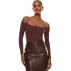 imageINLYRIC Womens Natrelax Off The Shoulder Bodysuit Long Sleeve Thong Sexy Bodycon Slim Fit Tops LeotardTaupe