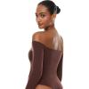 imageINLYRIC Womens Natrelax Off The Shoulder Bodysuit Long Sleeve Thong Sexy Bodycon Slim Fit Tops LeotardTaupe