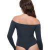 imageINLYRIC Womens Natrelax Off The Shoulder Bodysuit Long Sleeve Thong Sexy Bodycon Slim Fit Tops LeotardTwilight Blue