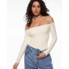 imageINLYRIC Womens Natrelax Off The Shoulder Bodysuit Long Sleeve Thong Sexy Bodycon Slim Fit Tops LeotardWhite Apricot