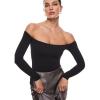 imageINLYRIC Womens Natrelax Off The Shoulder Bodysuit Long Sleeve Thong Sexy Bodycon Slim Fit Tops LeotardBlack