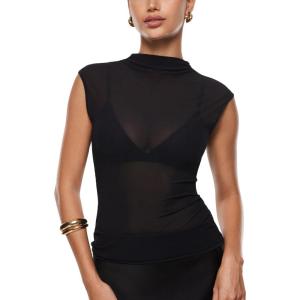 imageINLYRIC Womens Cosnufy Mesh Sheer Mock Turtle Neck Tank Tops See Through Sleeveless Sexy Summer Going Out TopsBlack