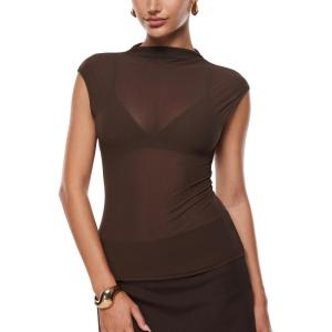 imageINLYRIC Womens Cosnufy Mesh Sheer Mock Turtle Neck Tank Tops See Through Sleeveless Sexy Summer Going Out TopsHazelnut