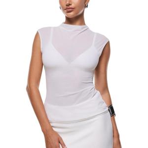 imageINLYRIC Womens Cosnufy Mesh Sheer Mock Turtle Neck Tank Tops See Through Sleeveless Sexy Summer Going Out TopsSnow White
