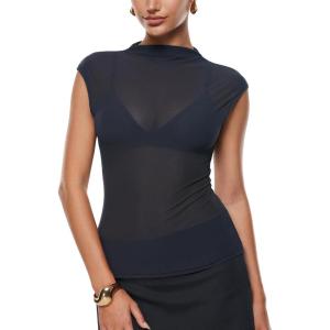 imageINLYRIC Womens Cosnufy Mesh Sheer Mock Turtle Neck Tank Tops See Through Sleeveless Sexy Summer Going Out TopsTwilight Blue
