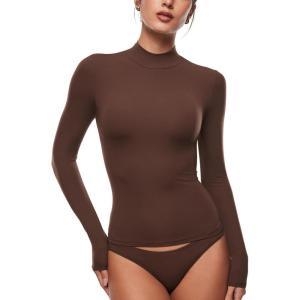 imageINLYRIC Womens Inbarely Soft Mock Turtleneck Double Lined Long Sleeve Tops Going Out Slim Fitted Sexy Trendy TShirtsHazelnut