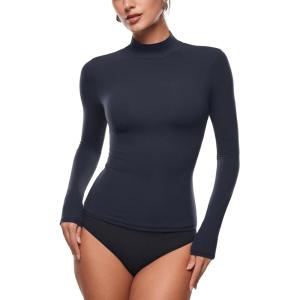imageINLYRIC Womens Inbarely Soft Mock Turtleneck Double Lined Long Sleeve Tops Going Out Slim Fitted Sexy Trendy TShirtsTrue Navy