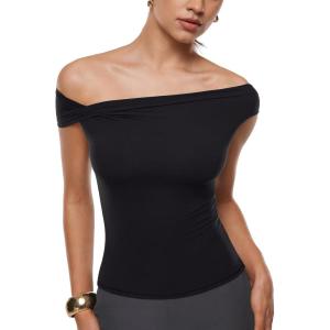 imageINLYRIC Womens Inbarely Soft Off The Shoulder Tops Versatile Going Out Trendy Shirts Y2K Spring Summer OutfitsBlack