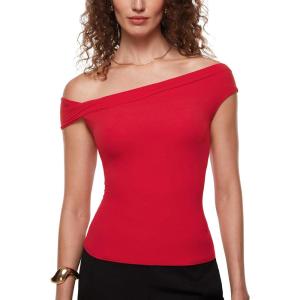 imageINLYRIC Womens Inbarely Soft Off The Shoulder Tops Versatile Going Out Trendy Shirts Y2K Spring Summer OutfitsLipstick Red