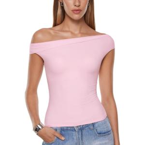 imageINLYRIC Womens Inbarely Soft Off The Shoulder Tops Versatile Going Out Trendy Shirts Y2K Spring Summer OutfitsSweet Pink