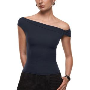 imageINLYRIC Womens Inbarely Soft Off The Shoulder Tops Versatile Going Out Trendy Shirts Y2K Spring Summer OutfitsTrue Navy