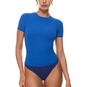 imageINLYRIC Womens Inbarely Soft Short Sleeve Tops Crew Neck Summer Going Out Tees Basic Slim Fitted Breathable TShirtAzure Blue