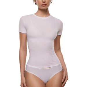 imageINLYRIC Womens Inbarely Soft Short Sleeve Tops Crew Neck Summer Going Out Tees Basic Slim Fitted Breathable TShirtSnow White  See Through