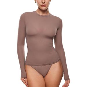 imageINLYRIC Womens Long Sleeve TShirts Crew Neck Basic Fitted Slim Crop Tops Going Out Trendy Tops Spring TeesBrown Purple