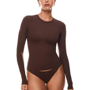 imageINLYRIC Womens Long Sleeve TShirts Crew Neck Basic Fitted Slim Crop Tops Going Out Trendy Tops Spring TeesHazelnut