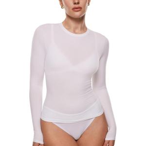 imageINLYRIC Womens Long Sleeve TShirts Crew Neck Basic Fitted Slim Crop Tops Going Out Trendy Tops Spring TeesSnow White  See Through