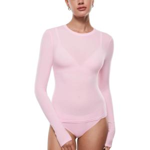 imageINLYRIC Womens Long Sleeve TShirts Crew Neck Basic Fitted Slim Crop Tops Going Out Trendy Tops Spring TeesSweet Pink