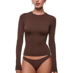 imageINLYRIC Womens Long Sleeve TShirts Crew Neck Basic Fitted Slim Tees Thermal Going Out Trendy Crop TopsHazelnut