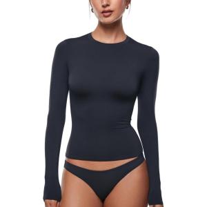 imageINLYRIC Womens Long Sleeve TShirts Crew Neck Basic Fitted Slim Tees Thermal Going Out Trendy Crop TopsTrue Navy