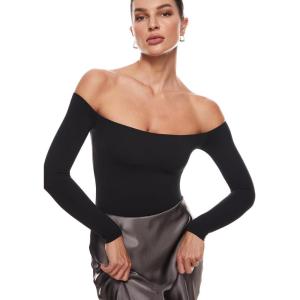 imageINLYRIC Womens Natrelax Off The Shoulder Bodysuit Long Sleeve Thong Sexy Bodycon Slim Fit Tops LeotardBlack