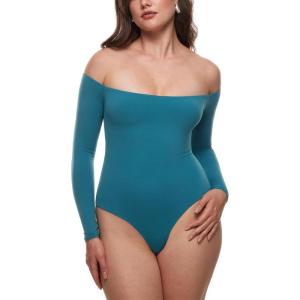 imageINLYRIC Womens Natrelax Off The Shoulder Bodysuit Long Sleeve Thong Sexy Bodycon Slim Fit Tops LeotardBorealis Green