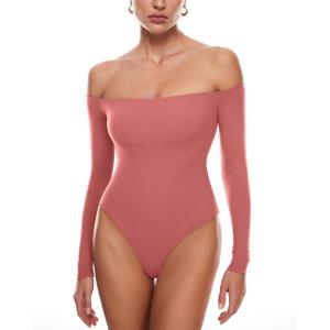 imageINLYRIC Womens Natrelax Off The Shoulder Bodysuit Long Sleeve Thong Sexy Bodycon Slim Fit Tops LeotardBriar Rose