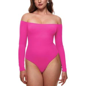imageINLYRIC Womens Natrelax Off The Shoulder Bodysuit Long Sleeve Thong Sexy Bodycon Slim Fit Tops LeotardHot Pink